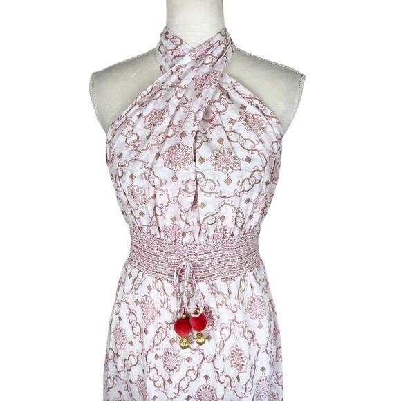 Alicia Bell Kat Criss Cross Halter Maxi Dress Pink Gold Motif Size Large NEW - Picture 8 of 13